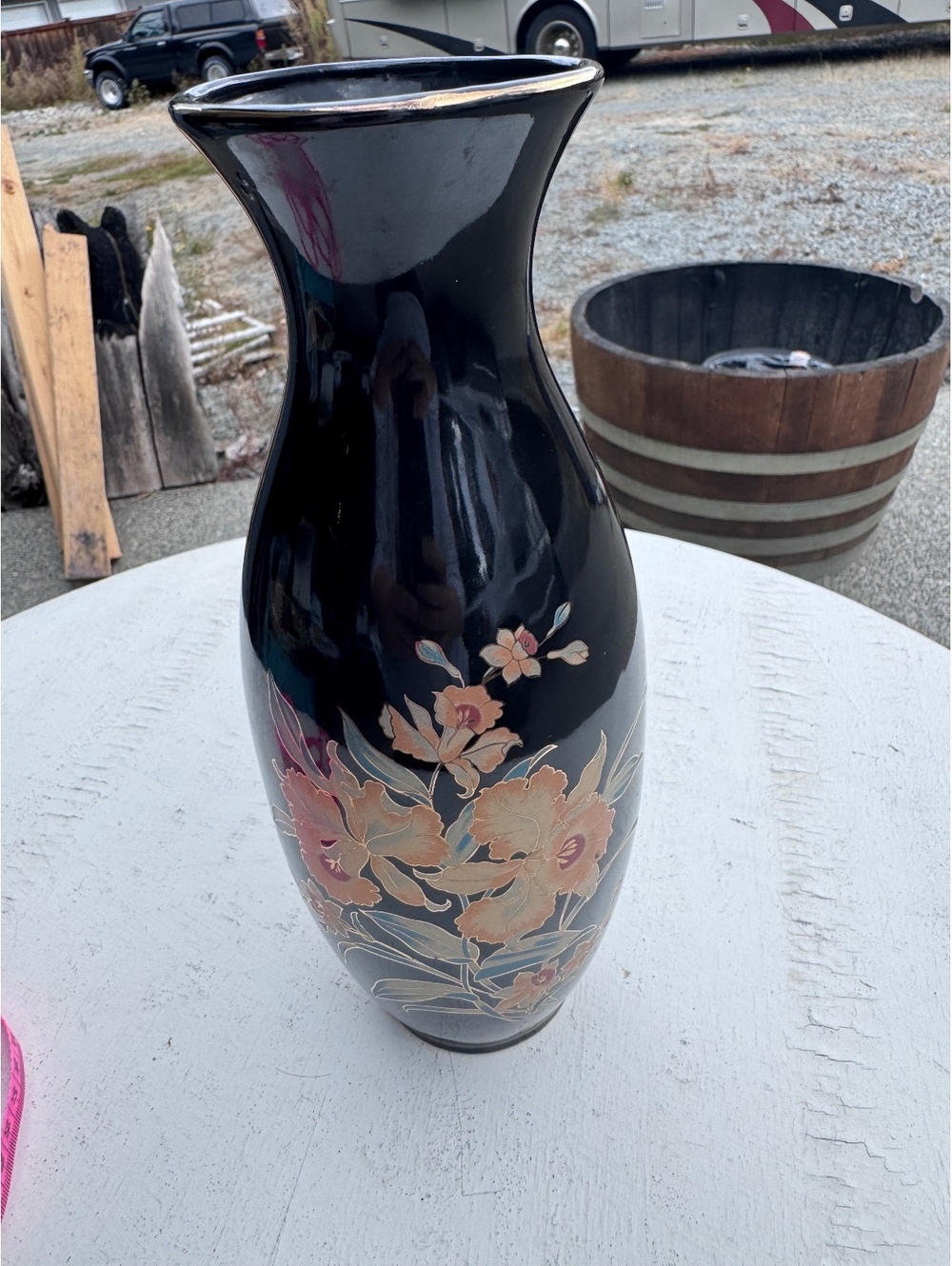 Vintage Bijutsu Toki Japan Black Floral Vase Gold Trim 11” Mid Century